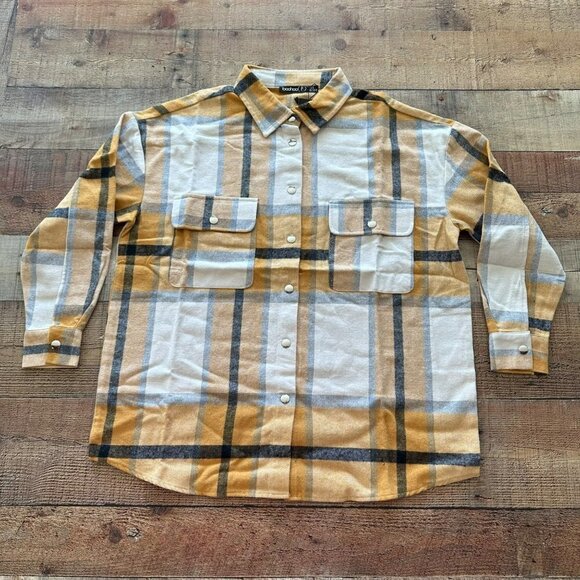 Boohoo Jackets & Blazers - Boohoo petite mustard yellow and cream checked shacket women's size 2 petite